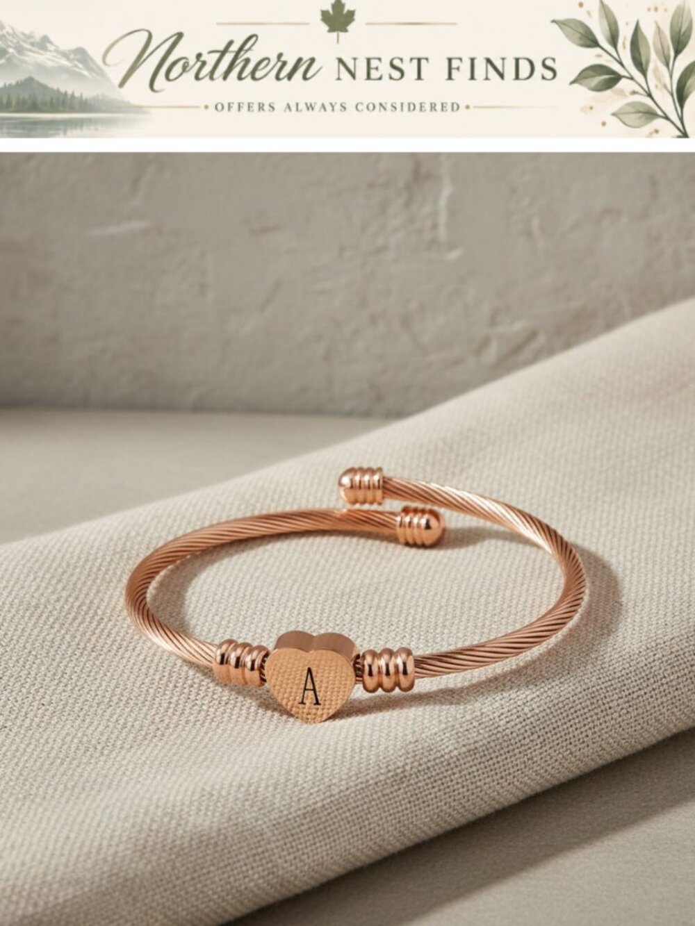 Rose Gold Initial Heart Charm Cuff Bracelet Stainless Steel Expandable